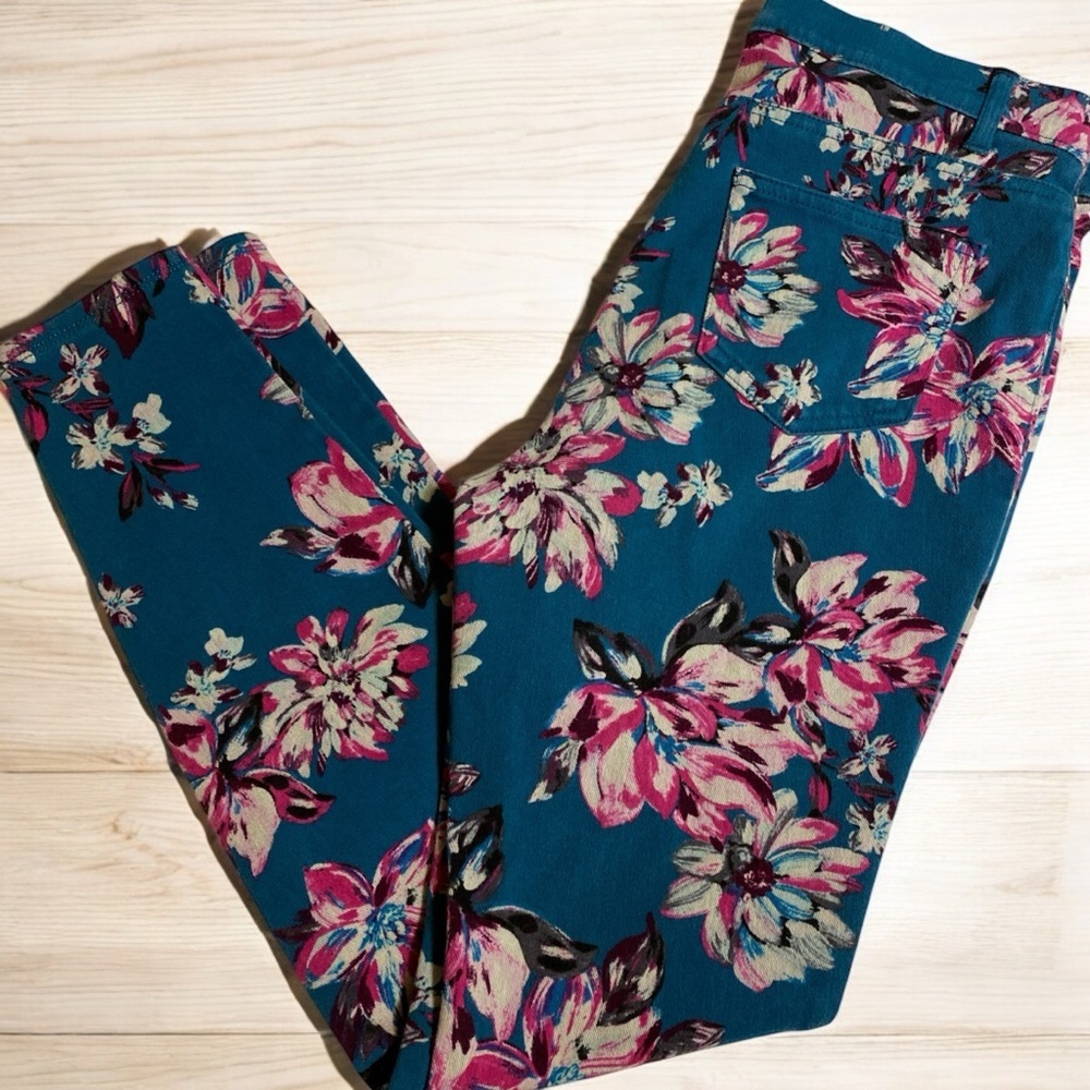 Floral Print Teal Skinny Stretch Leggings Pants